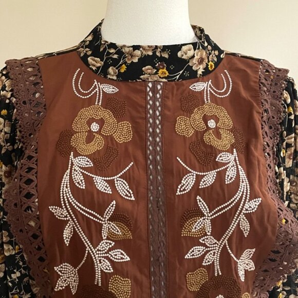 Embroidered Floral Blouse Womens M Boho Prairie Western Folk Open Back Romantic - Picture 5 of 12